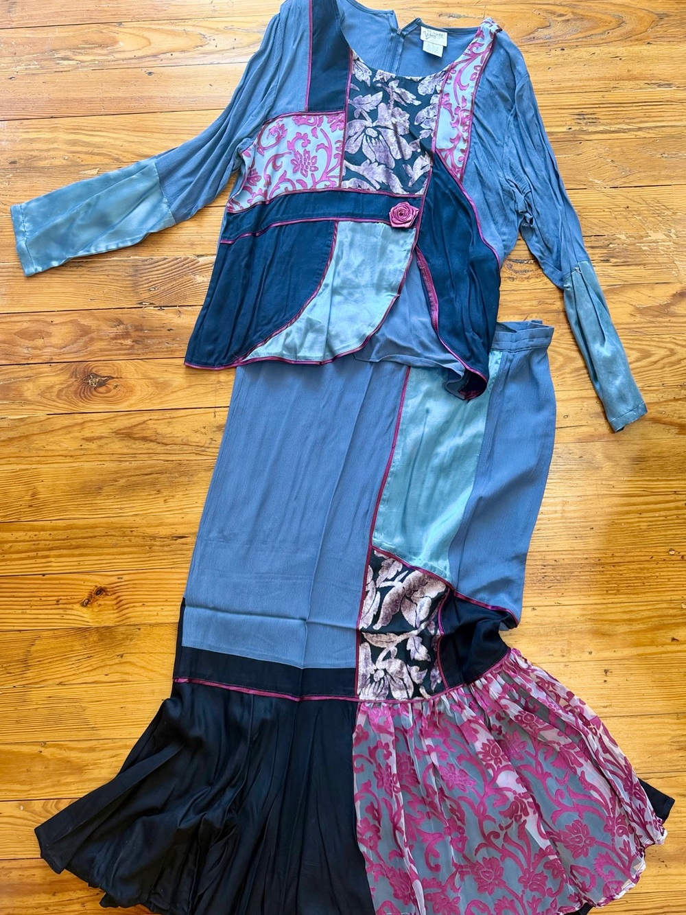 Midnight Velvet Patchwork Maxi Skirt Set in Blue and Pink
